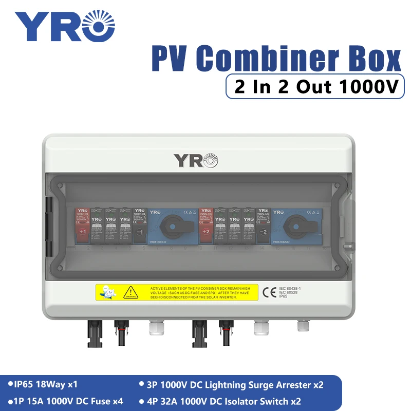 PV Combiner Box 2 input 2 output DC1000V Solar Photovoltaic With Lightning Protection Fuse Isolator Switch IP65 18ways Box