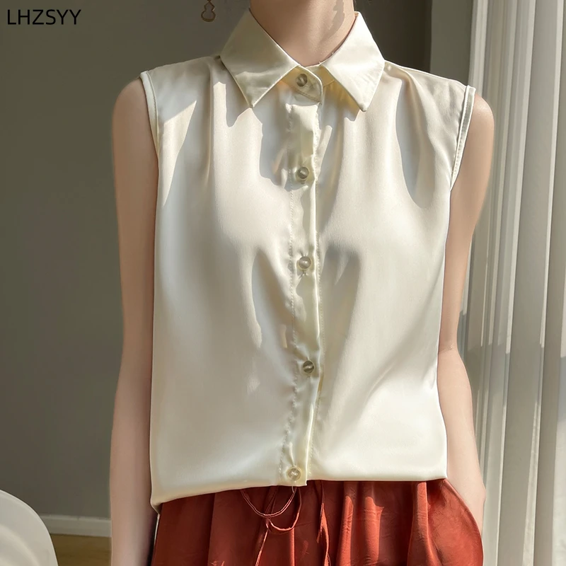 LHZSYY Satin Silk Shirt Ladies Lapel Sleeveless Jackets Tops 2024 New POLO Neck Cardigan Summer Joker T-Shirt With Shirt Inside