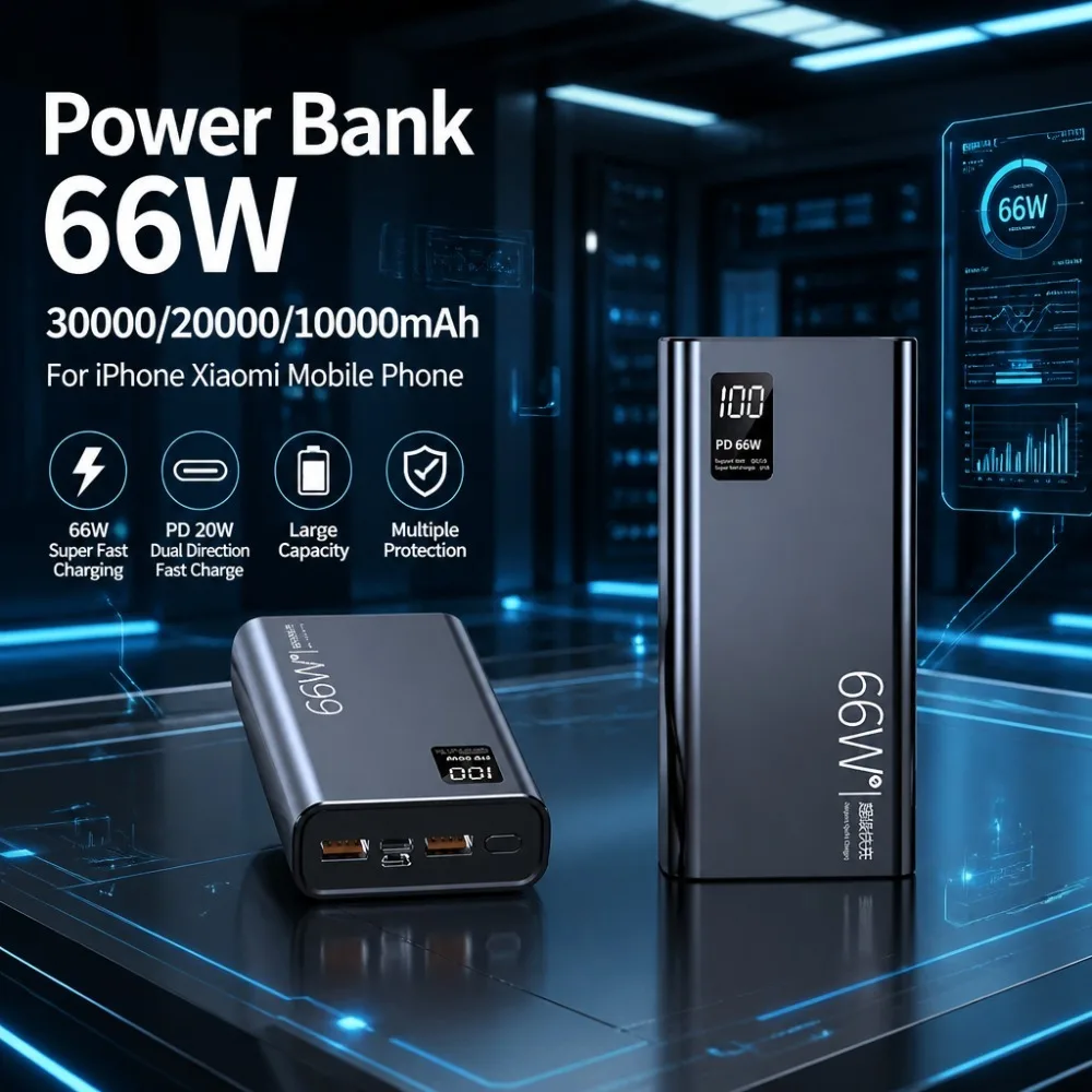 66W 30000mAh Super Fast Charging Power Bank PD Bidirectional Fast Charging Digital Display Portable Charger For iPhone Android