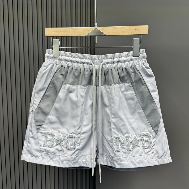 

Retro Sports Style Towel Embroidery Letters Contrasting Shorts Men Women Mesh Quick Dry Loose Drawstring Beach Quarter Pants