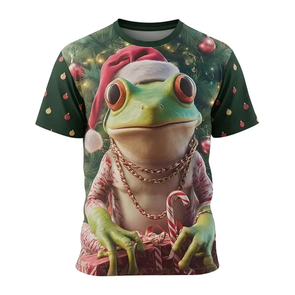Christmas Fun Wearing Christmas Hat Frog Quickdry Breath 3D Print Men T-Shirt Street Fashion Party Cosplay Parent-child Clothing