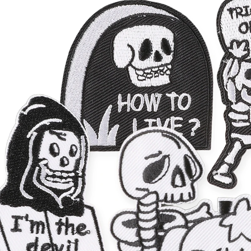 8 Stück Totenkopf-Buchstaben-Aufnäher, bestickt, für Kleidung, zum Aufbügeln, thermoadhäsive Stoffe, Nähen, Anime-Jacke, Outdoor, Geister-Punk – Detail 3