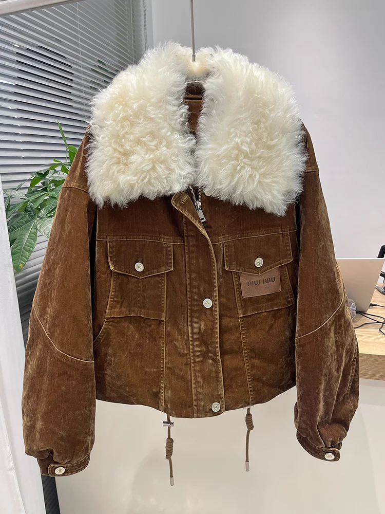 

Winter Women Natural Lamb Fur Collar Coat Goose Down Jacket Luxury Casual Long Puffer Jackets Cusual Corduroy Parkas Clothing