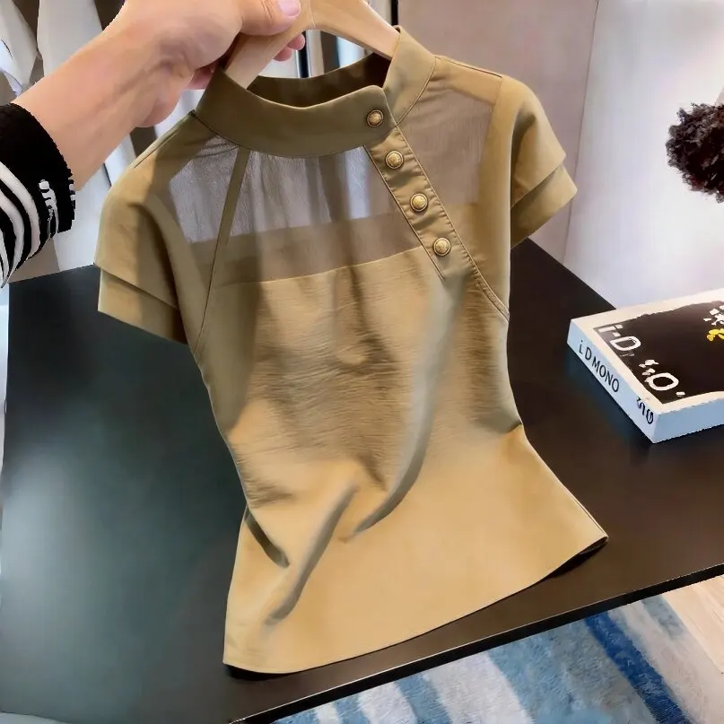 Women's Short Sleeve Mock Neck T-Shirt Top Sheer Mesh Patchwork Gold Button Detail Slim Fit Casual Blouse Summer Streetwear Y2K