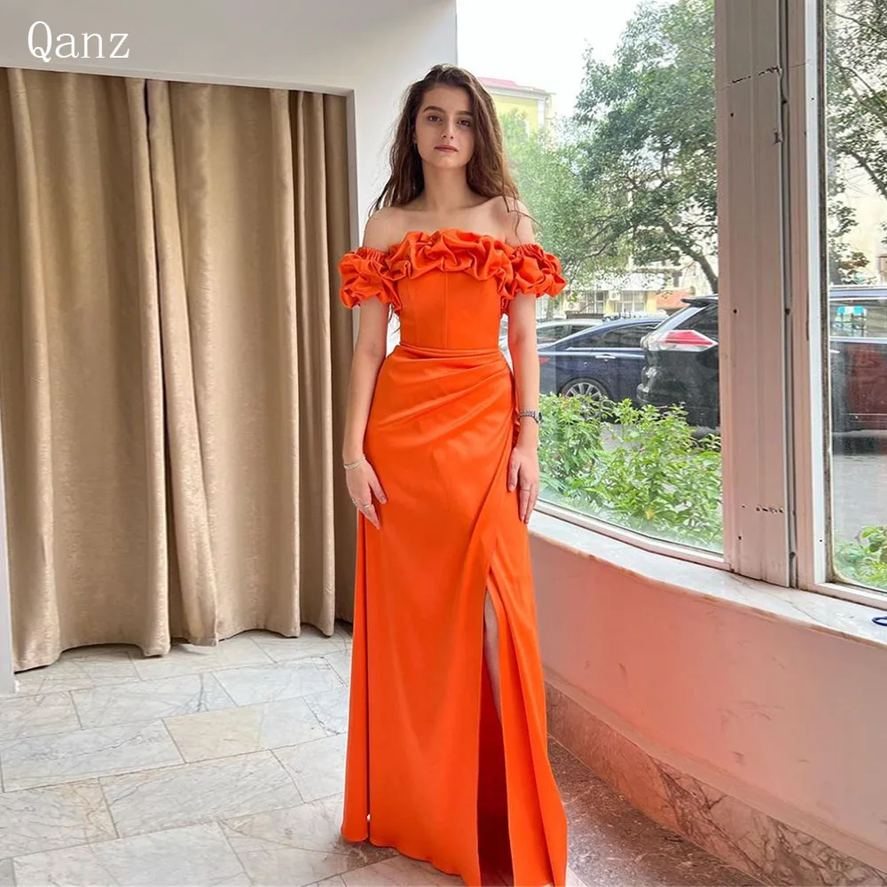 

Qanz Burnt Orange Prom Dresses Satin Mermaid Vestidos De Fiesta Off The Shoulder Slit Party Dresses Women Evening Customized