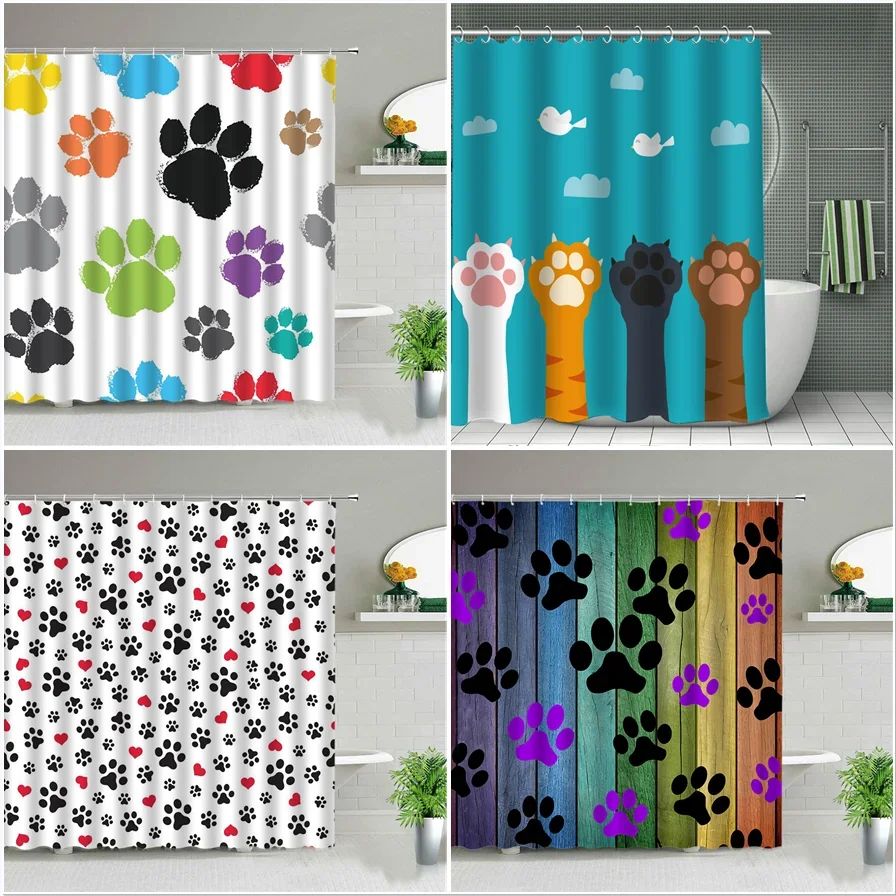 Waterproof Fabric Shower Curtains Dog Paw Print Animal Polyester Kids Home Bathroom Decor Bath with Hooks