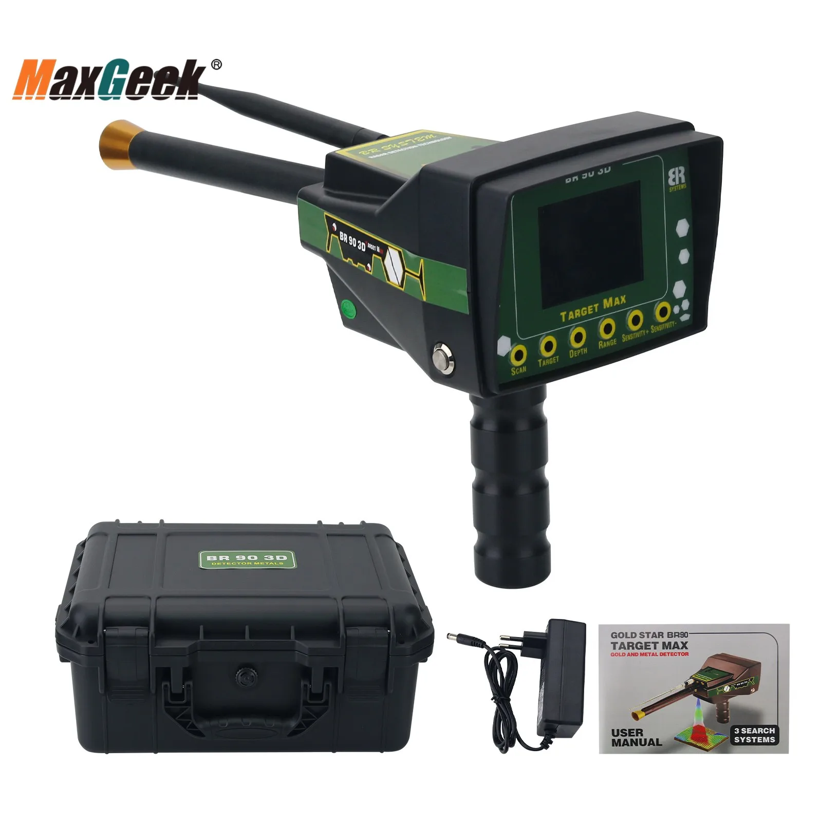 MaxGeek Gold Star BR90 3D TARGET MAX 0-1000m Detector de metales y oro de largo alcance para oro/P G/plata/cobre/hierro/estaña/gemma