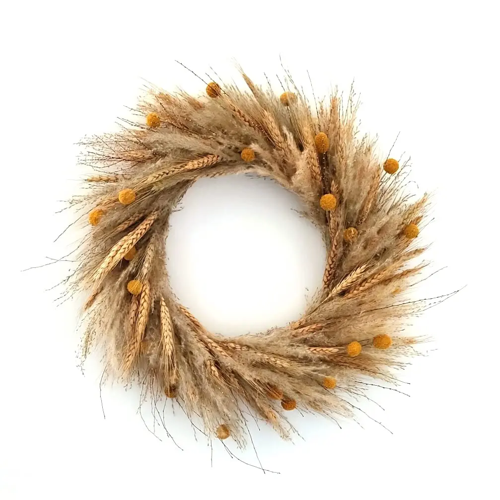 Dried Nature Flower  Herb Wreath 30cm,Wall Hanging Decoration, Natural Pampas Grass,Wheat, Billy Button Balls Window Door Decor