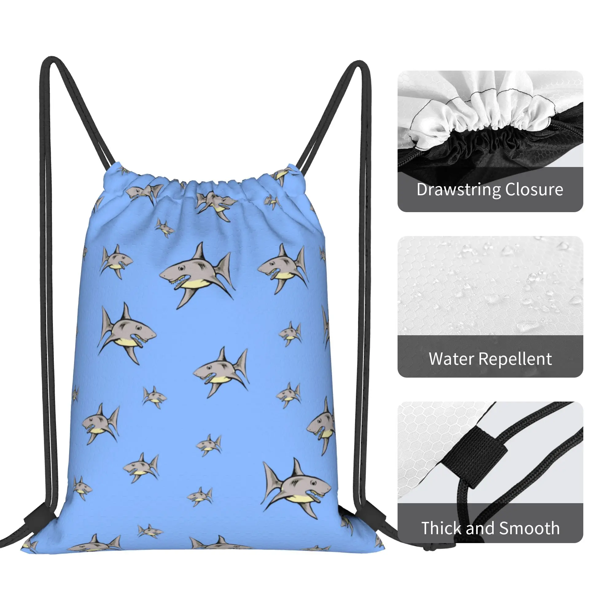 Custom Cartoon Ocean Sharks Pattern Drawstring Backpack Bags Women Men Lightweight  Gym Sports Sackpack Sacks for Shopping view 4