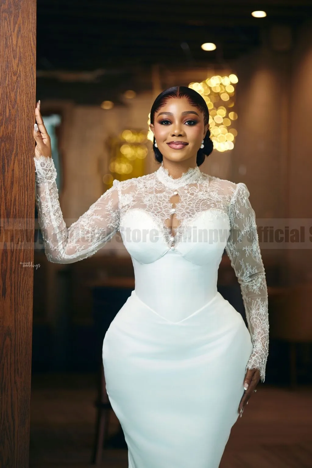 Clean White Civil Wedding Dress for Bride Long Sleeve Ankle Length Lace Satin Court Engagement Nigeria Bridal Gown Customized