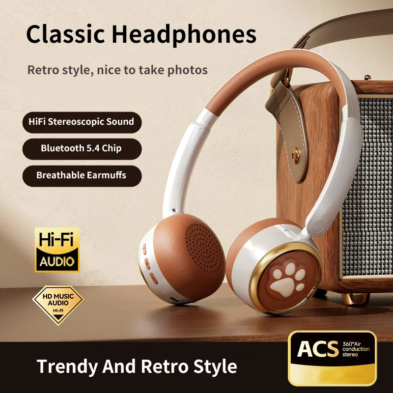 

Retro Bluetooth Earphones Cat Paw Decoration Bluetooth 5.4 HiFi Sound Effect Rechargeable Cute Headset For Girl Listen Music