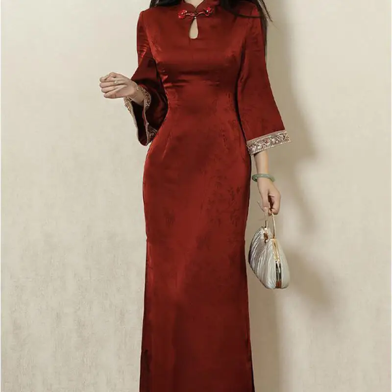 

2025 New Chinese Style Dress Women Satin Chesongam Elegant Flare Sleeve Banquet Gown Vestidos Female Autumn Winter Qipao Dress