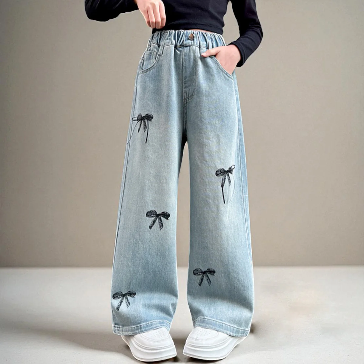 

Girls Wide Leg Jeans Girls Denim Pants School Outfits Girls Trousers Bow Embroidery Streetwear Children Clothes 7 9 12 13 Years