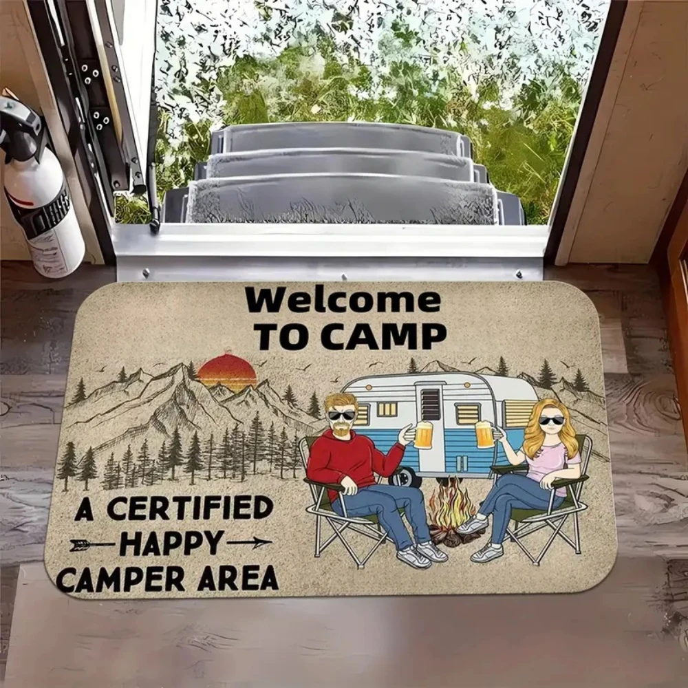 Happy Camper Couple & Welcome Print Doormat Set for RV Step Outdoor Campsite Adventure-inspired Non-slip Floor Rug