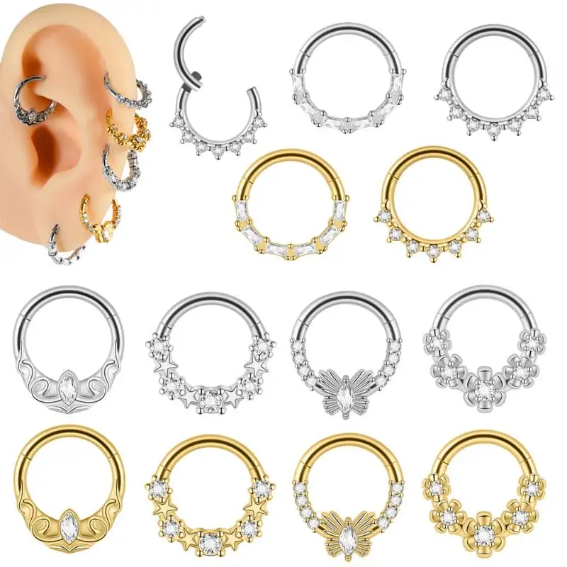 1PCS Hexagram Hinged Septum Clicker Nose Ring Various Zircon Cartilage Hoop Daith Helix Earring Piercing Jewelry