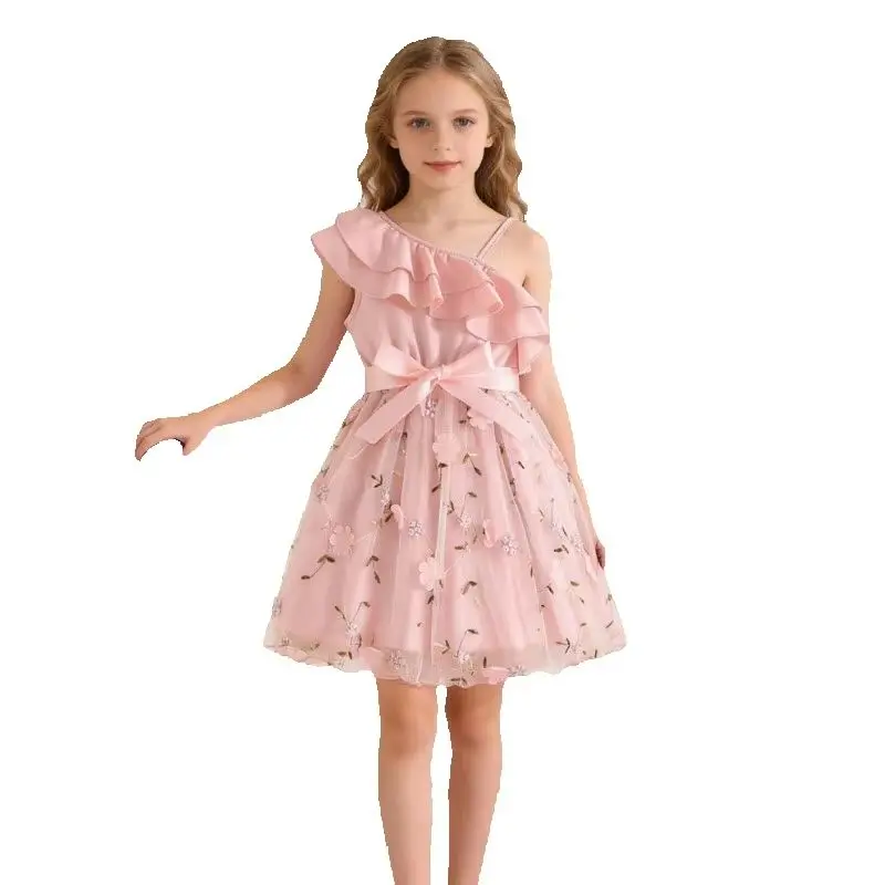 

Fashion Flower Embroidery Lotus Leaf Slanted Shoulder Suspender Craft Yarn Dress Bowknot Waist Baby Girl Cute Skirt 2-8T