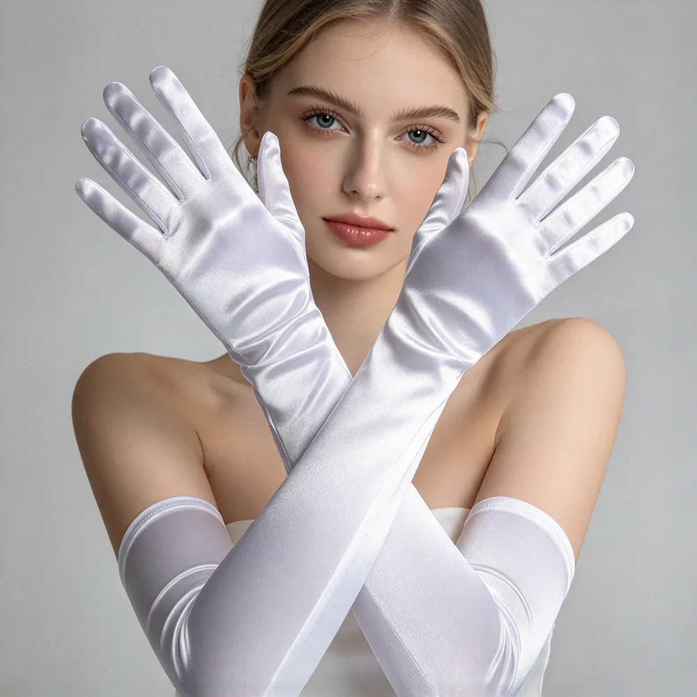 Women Soft Smooth Solid Stretch Satin Long Gloves Elegant Ceremonial Stage Performance Cosplay Multicolor Sexy Accessories
