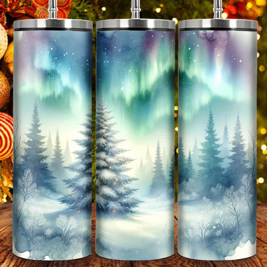 20oz 1pc Drink Mug Straw Lid Stainless Steel Insulated Coffee Bottle 3D Print Outdoor Aurora Pattern Christmas Birthdays Gift