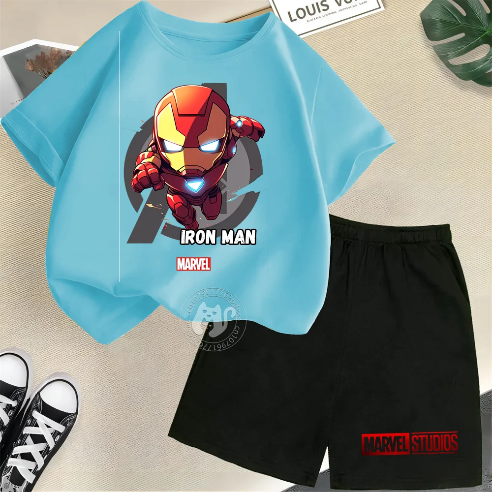 Superhero Kids Summer 100% Cotton Teen Crewneck T-shirt + Shorts Iron Man Print Boys Girls Comfortable Casual Suit   Disney Mick