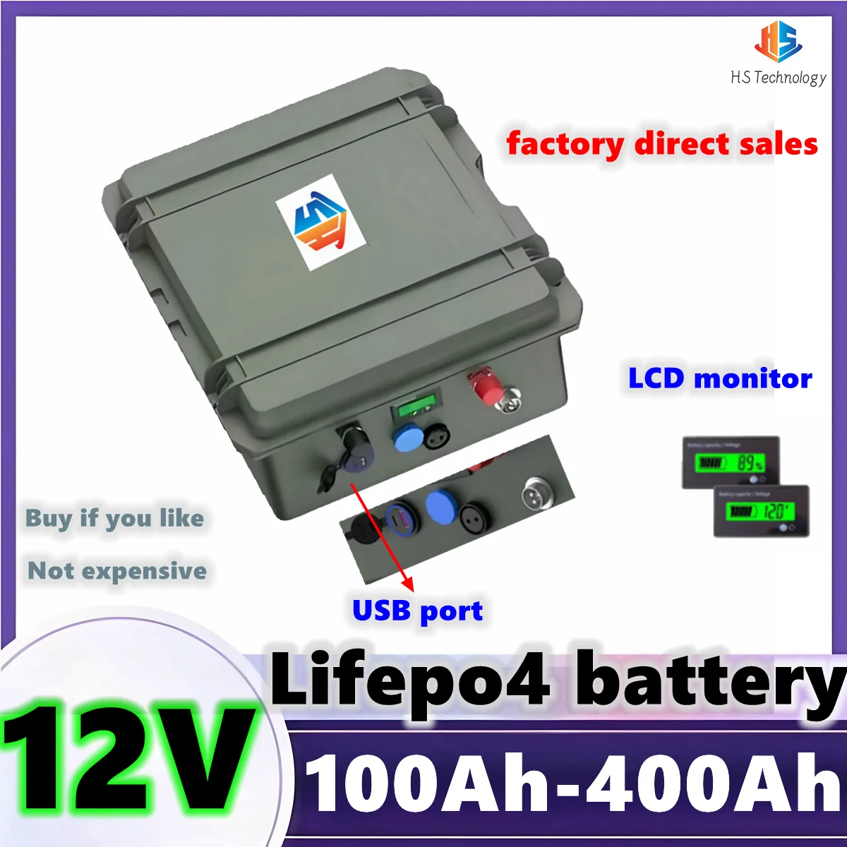 

HS LiFePO4 12V 100AH 120Ah 150Ah 180Ah 200Ah 250Ah 300Ah 400Ah Lithium Battery for 1000W Trolling Motor Solar Panel Outdoor RV