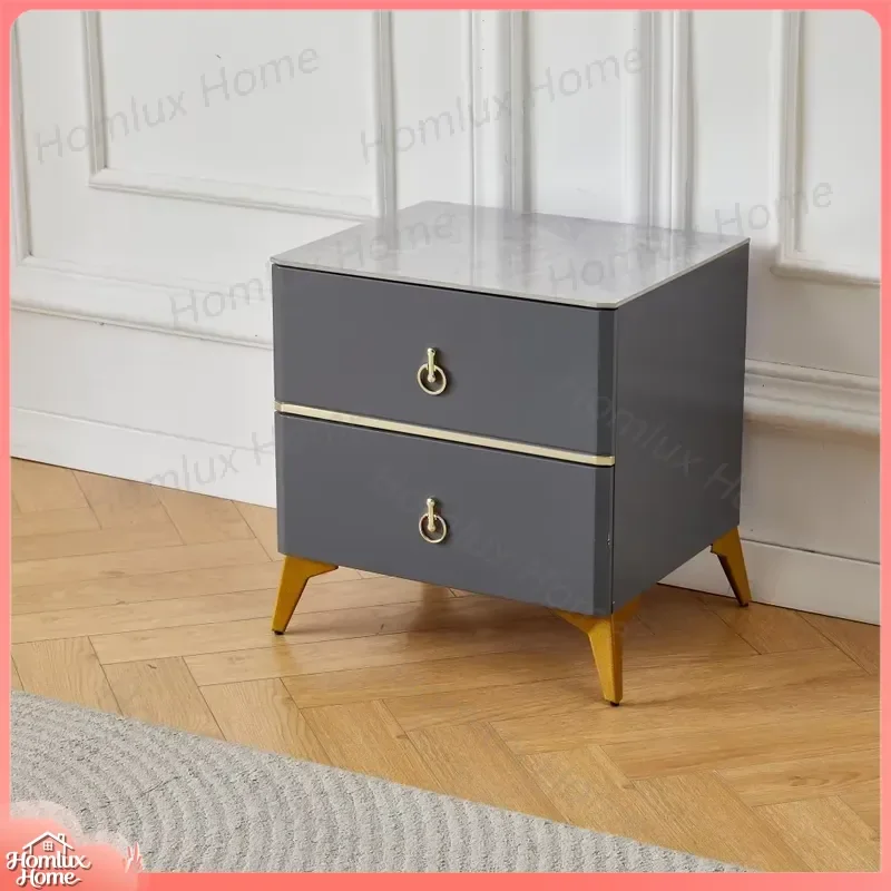 Modern Bedside Table with Sintered Stone Top 2 Drawers Bedroom Nightstand Eco Friendly Durable Design Beveled Brackets
