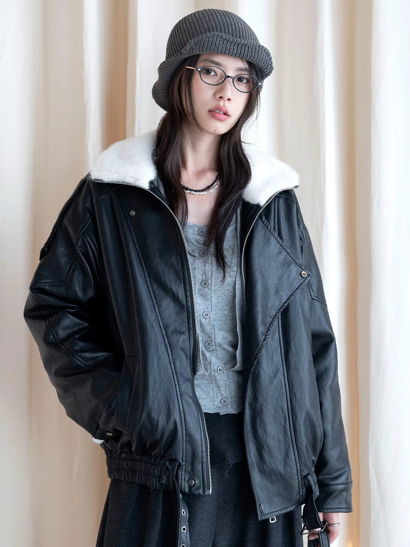 Winter new casual collar, thick fur integrated double-layer placket, warm PU jacket jacket for women