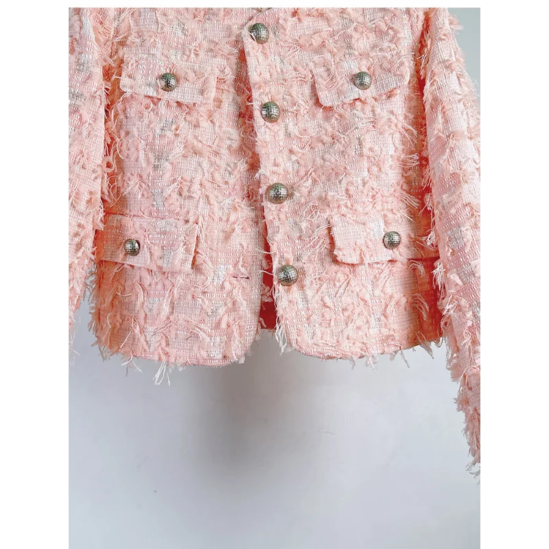 Women White Small Fragrance Short Coat Spring High Quality French O Neck Tassel Long Sleeve Casual Sweet Tweed Lady Pink Jacket