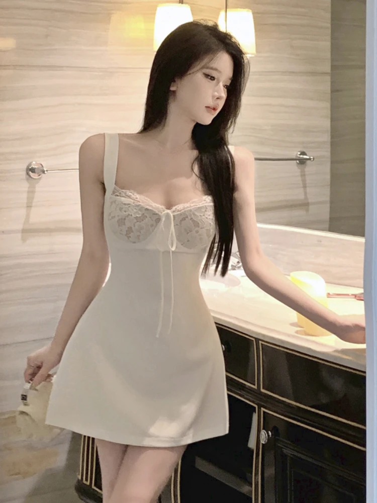 Summer Lace Sexy Designer Dress Women Korean Fashion Party Mini Dress Female Strappy Backless Casual Suspender Dress 2023 New