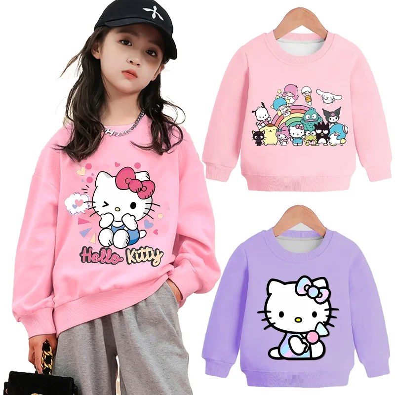 

Осенние толстовки Hello Kitty, одежда для девочек, толстовка с мультяшным принтом, зимний утепленный пуловер, детские топы с длинными рукавами, одежда