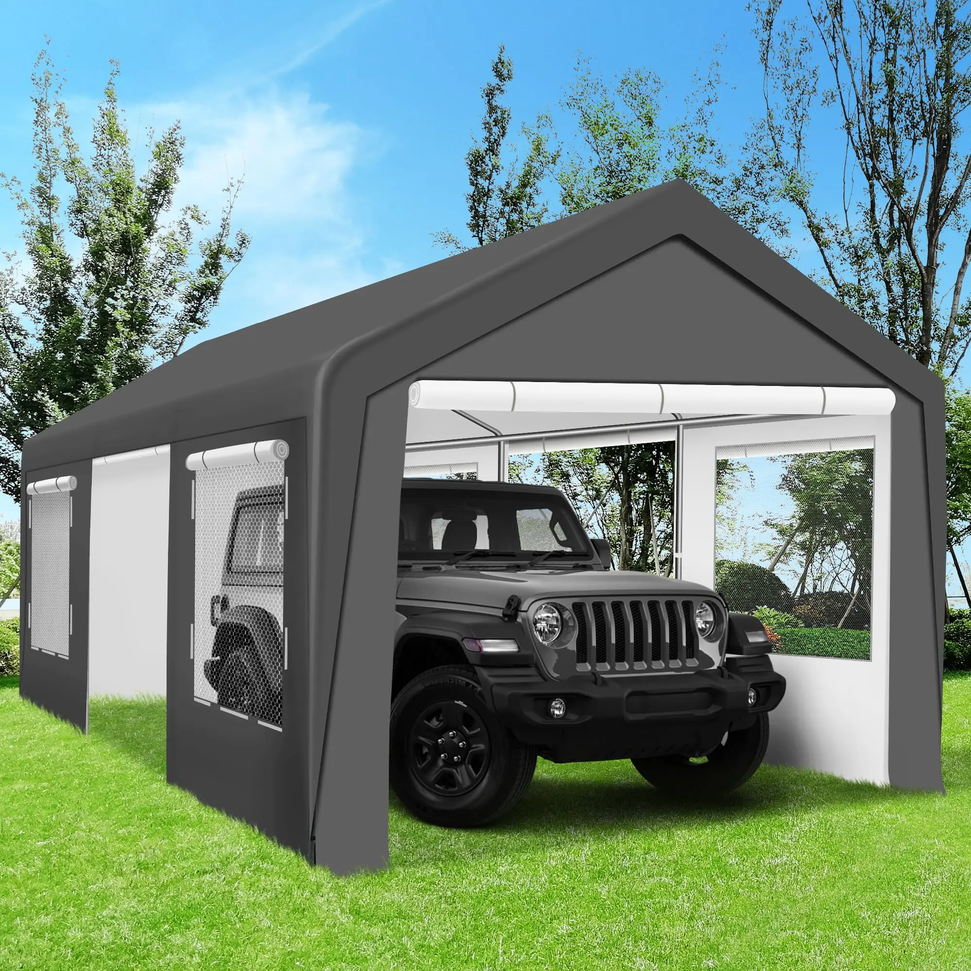 Carport 12x20 FT Heavy Duty Carport Canopy, Portable Garage with 4 Windows & Side-Opening Door, for Pickup, Boats, Car