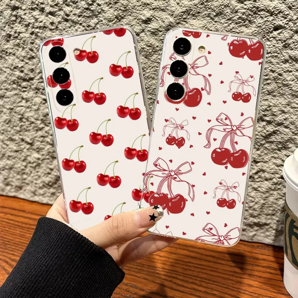 

Cute Cherry Pink Bow Phone Case For Samsung Galaxy A71,70,52,51,40,31,A50,30S,21S,Note20ultra Transparent Cover