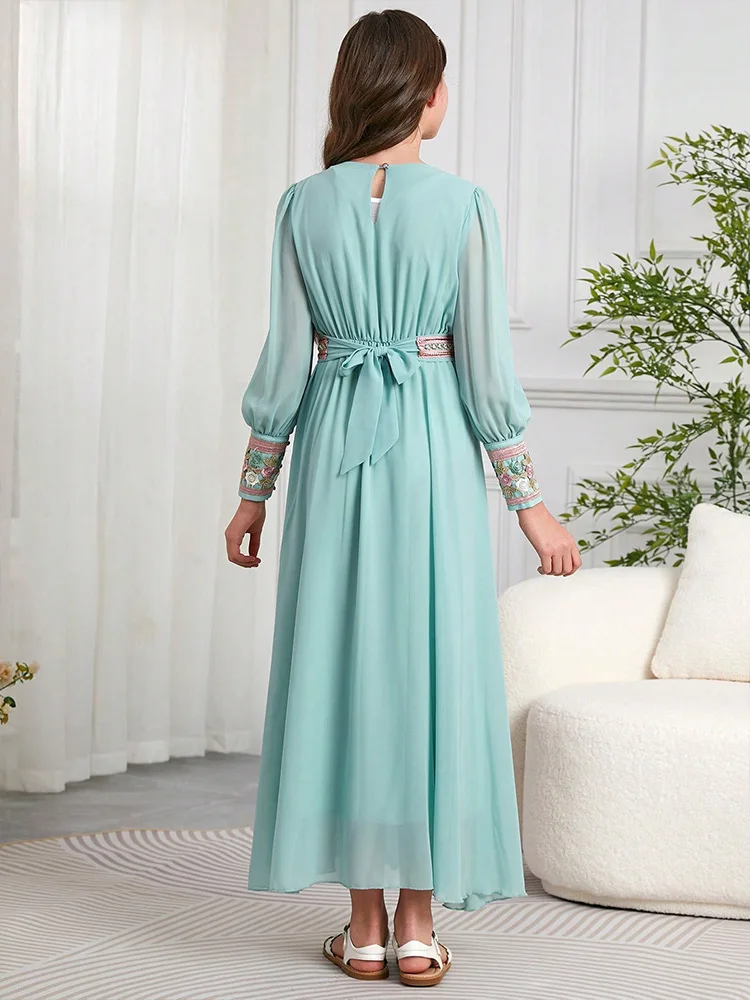 

Марокканское мусульманское детское шифоновое платье макси с вышивкой для девочек, халат Рамадан, исламская одежда, арабская Абая, Турция, детское праздничное платье