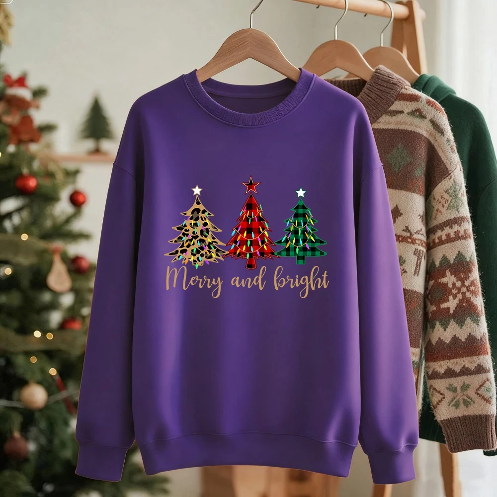 Frohe Weihnachten Lustige Bäume Drucke Sweatshirts Damen Fleece Warme Lässige Hoodies Rundhalsausschnitt Lose Pullover Winter Weiche Kleidung