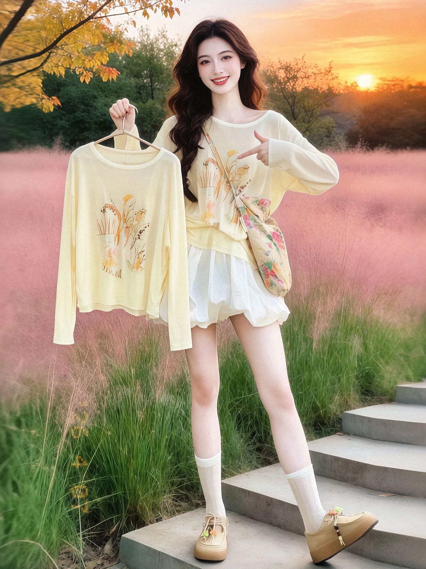 Unique Casual Print Loose Long Sleeve Women's Cover up Top in Light Yellow for Summer Beautiful Versatile T-Shirt