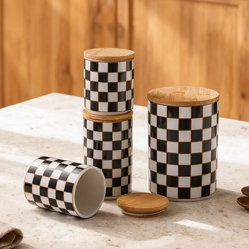 Creative Checkered Ceramic Sealed Jar Black and White Candy Box Large-capacity Kitchen Storage Jar for Coffee Beans and Grains