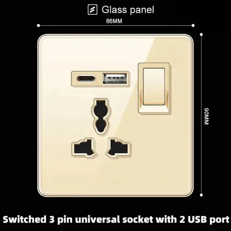 Gold Crystal Glass UK Malta Africa Hongkong Standard Wall Sockets Electric 2USB Type C Fast Charge USB Outlets