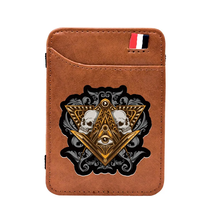 

High Quality Masonic Skeleton Skull Pu Leather Mini Small Magic Wallets Purse Pouch Plastic Credit Bank Card Case Holder