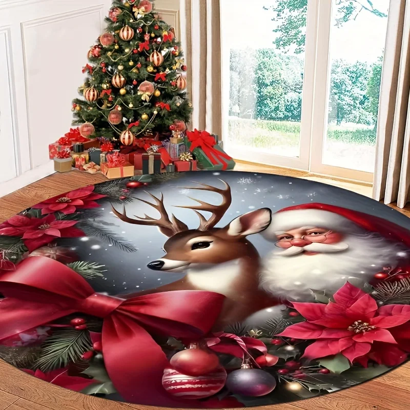 Christmas Santa Reindeer Room Decor Round Area Rug Living Room Non-Slip Chair Mat  Living Room Sofa Chair Mats Xmas Decorations