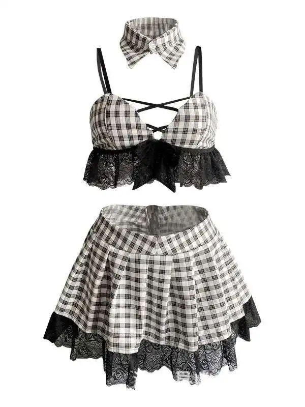 Plaid V Neck Tank Mini Dress Fashion Korean Female Sexy Uniform Seduction Passion Pure Student Dress Elegant Cosplay 1JDL