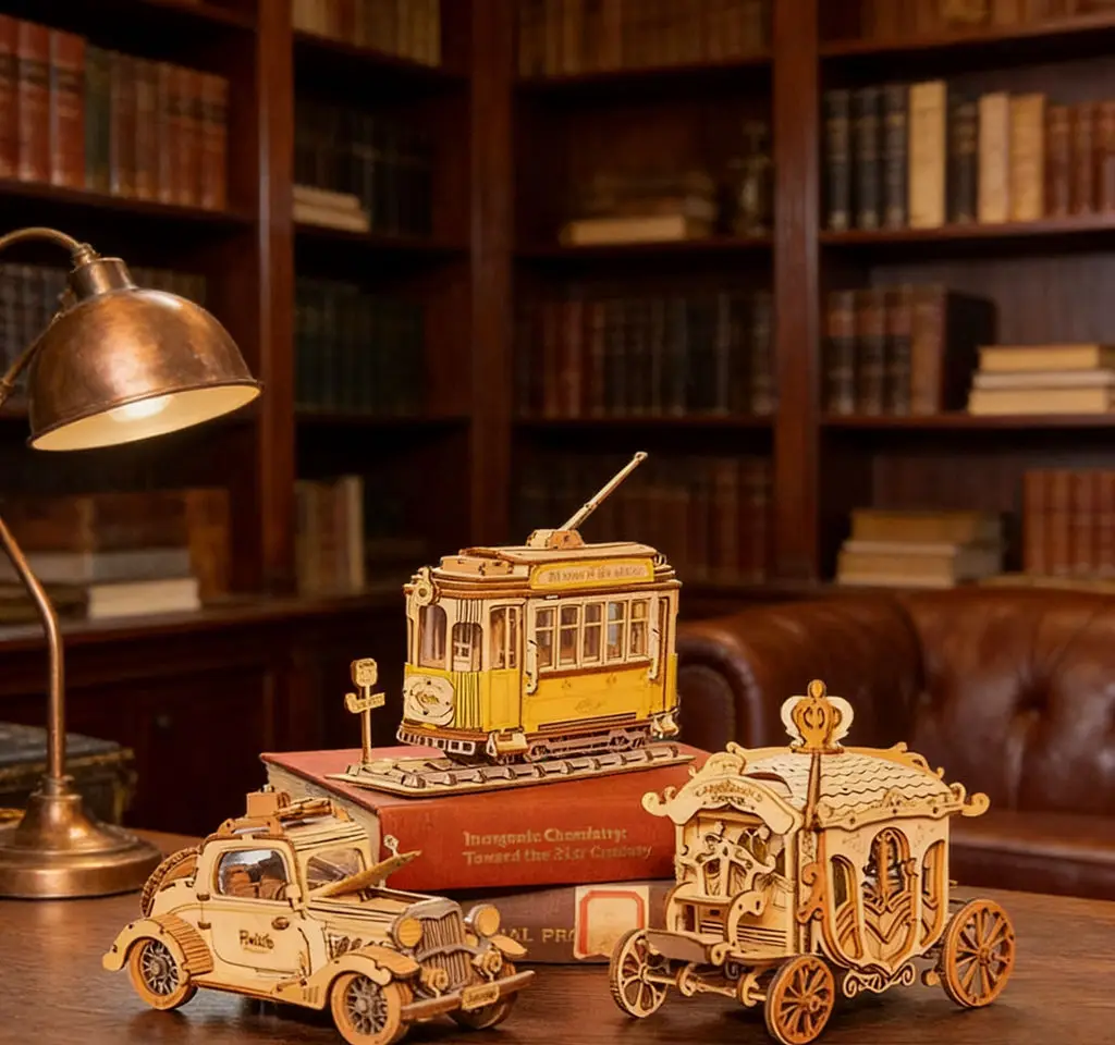 

Vintage Car Tram Horse Carriage 3D Wooden Puzzle - DIY Laser Cut Assembly Model Collectible Decor Creative Gift for Adults Kids