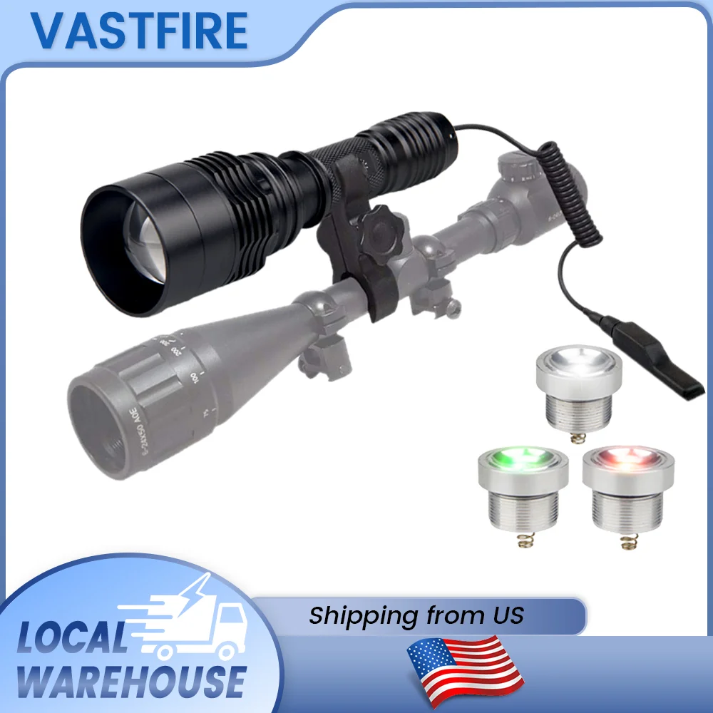 

Zoomable 3-in-1 Tactical Hunting Flashlight USB Rechargeable, White Red Green Multi Color LED Torch for Hunting Hiking Camping Emergency Outdoor Use