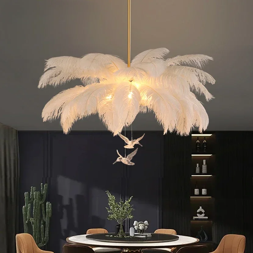 Lámpara de araña de plumas de pájaro de avestruz LED de lujo, luz de techo blanca para sala de estar, decoración del hogar, accesorio de iluminación