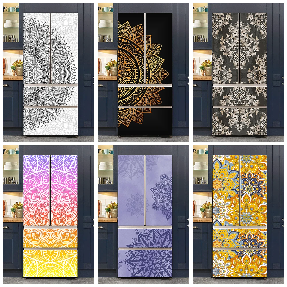 Vintage Baroque Stylish Mandala Pattern Door Wrap Sticker Self-adhesive Decoration Datura Floral Fridge Door Art Mural Decals