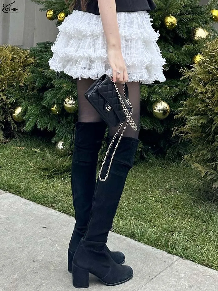 Oymimi Fashion White Mesh Women's Skirt Elegant High Waisted Pleated Solid Skirts Casual New Cascading Ruffle Mini Skirts Female