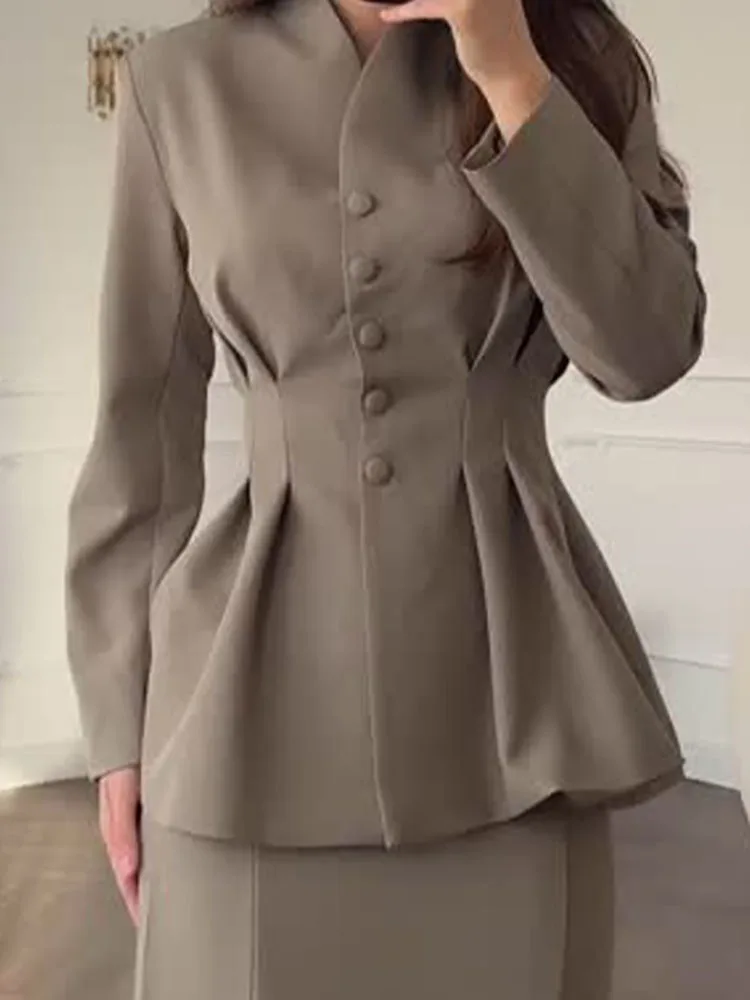 

Autumn Long Sleeve Solid Slim Commute Suit Women Fashion V Neck Button Draped Top Coat & Long Skirt Set Elegant Two Piece Outfit