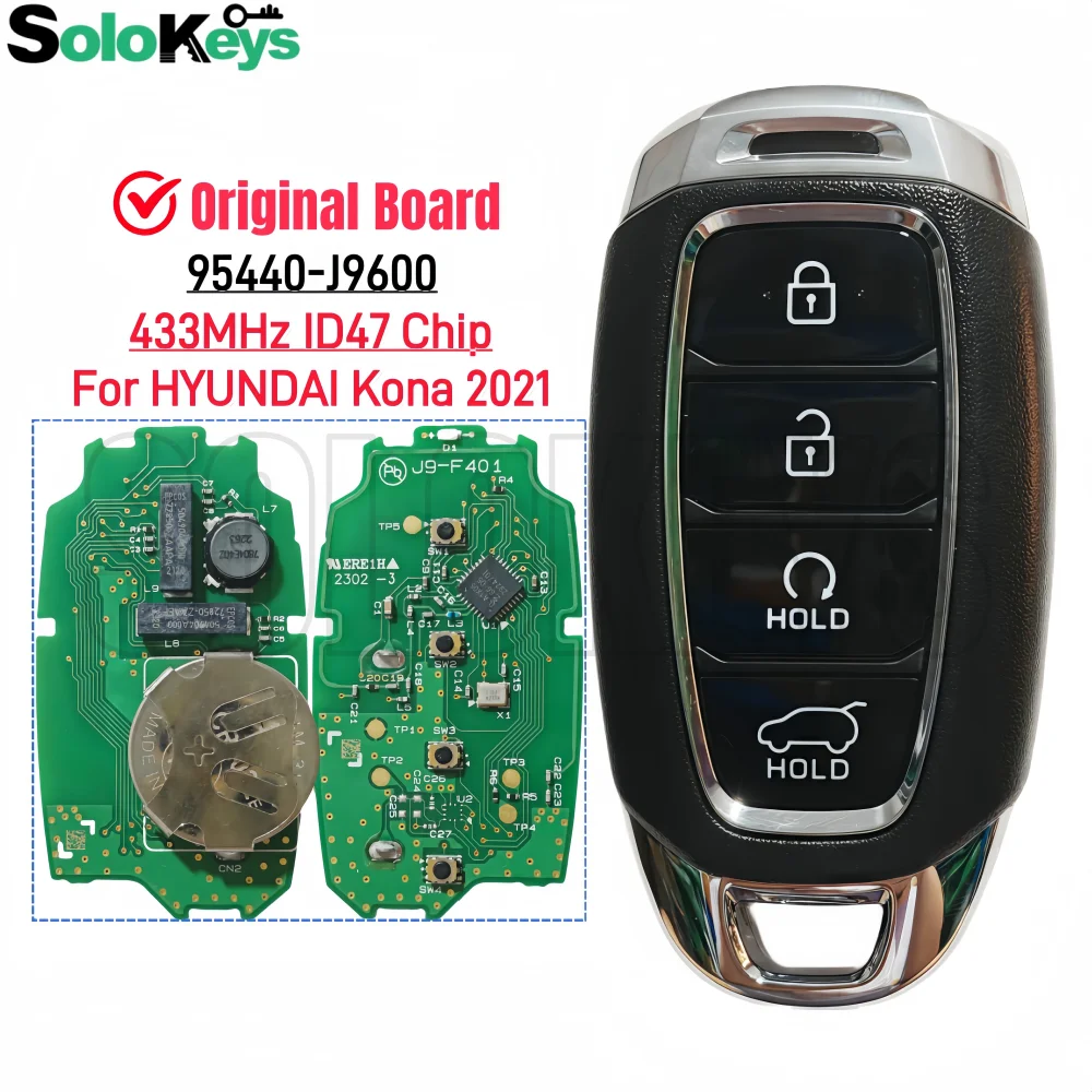 SOLOKEYS 95440-J9600 433MHz ID47 Chip For HYUNDAI Kona 2021 Original board Smart Remote Control Key 4 Buttons With Logo Sticker