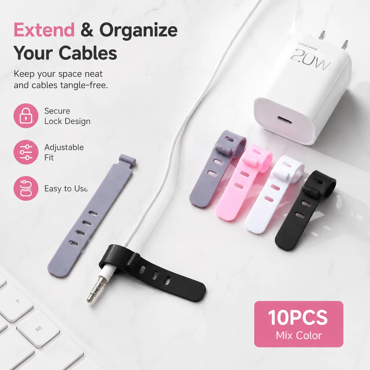 10 Stück Kabelbinder Wiederverwendbarer Kabel-Organizer 4-Loch Verstellbarer Kabelhalter für Kopfhörer USB-Ladekabel Management-Bänder Aufbewahrung