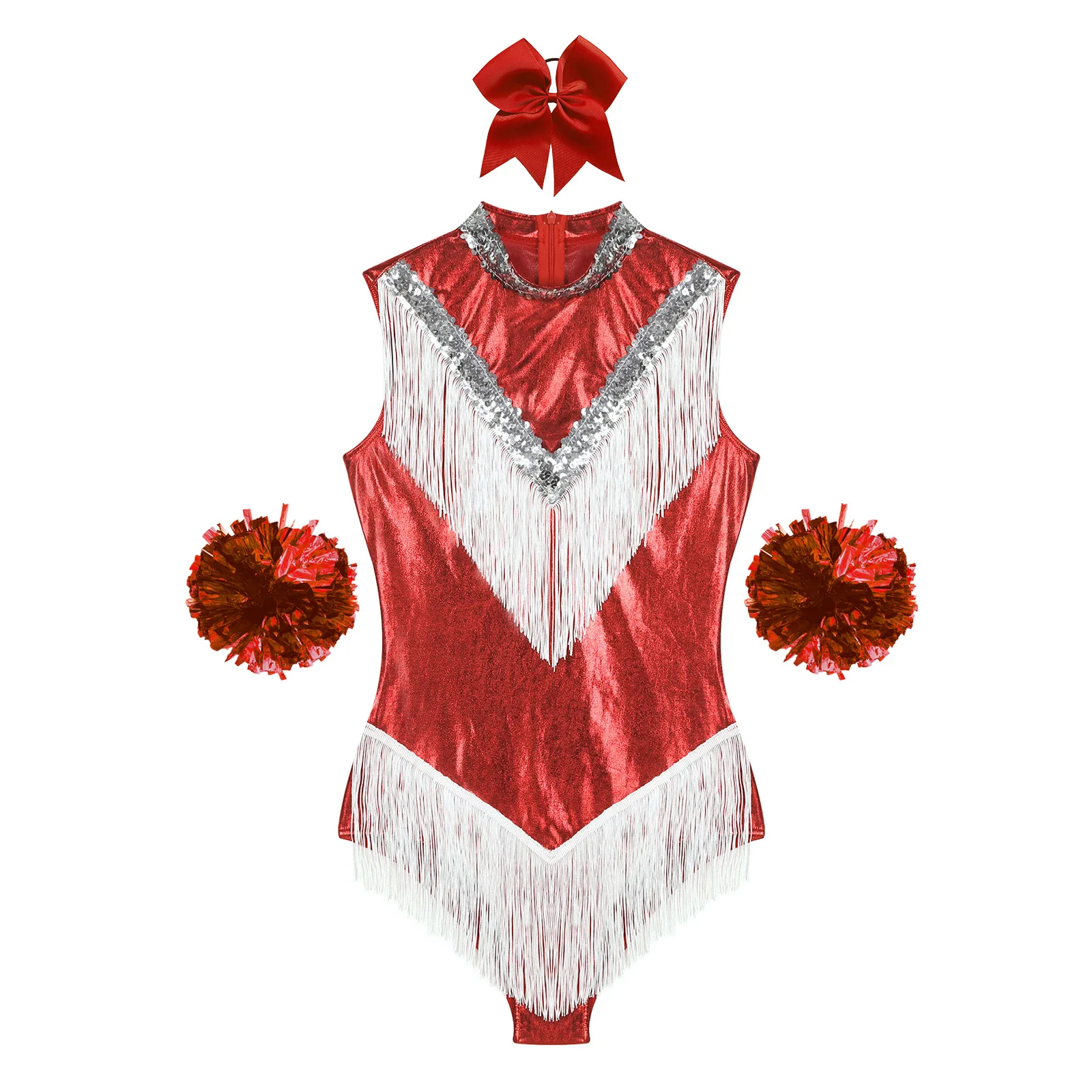 

Sleeveless Cheerleader Leotard Dress Set Womens Cheering Team Cheerleading Dance Outfits 4 Pcs Sequins Tassel Leotard Dancewear