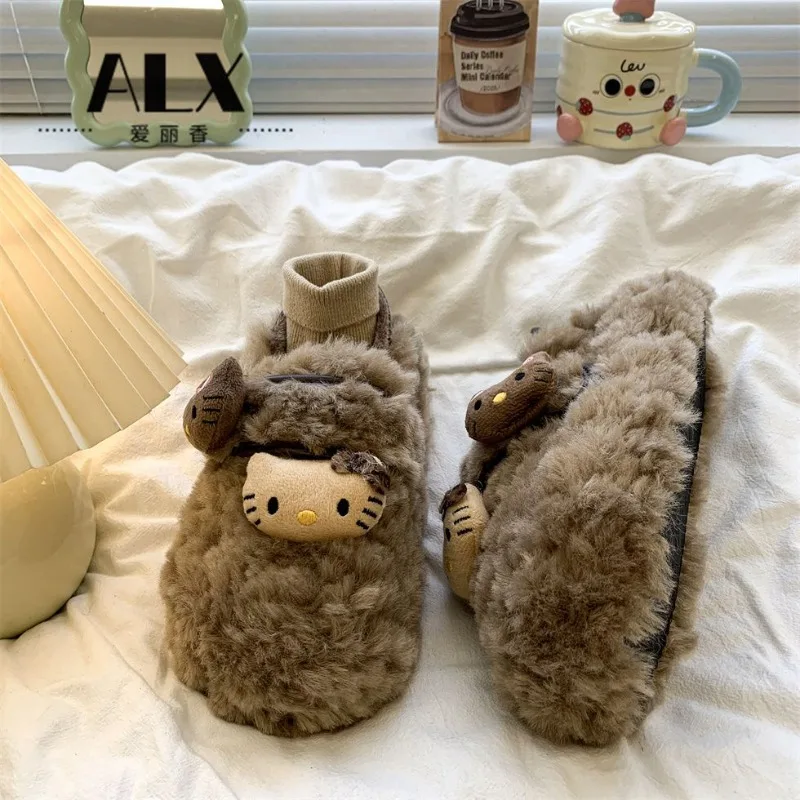 

Kawaii Hello Kitty Sanrio, милая и пушистая студенческая обувь с героями мультфильмов, удобные зимние тапочки, обувь для улицы, подарок для девочек