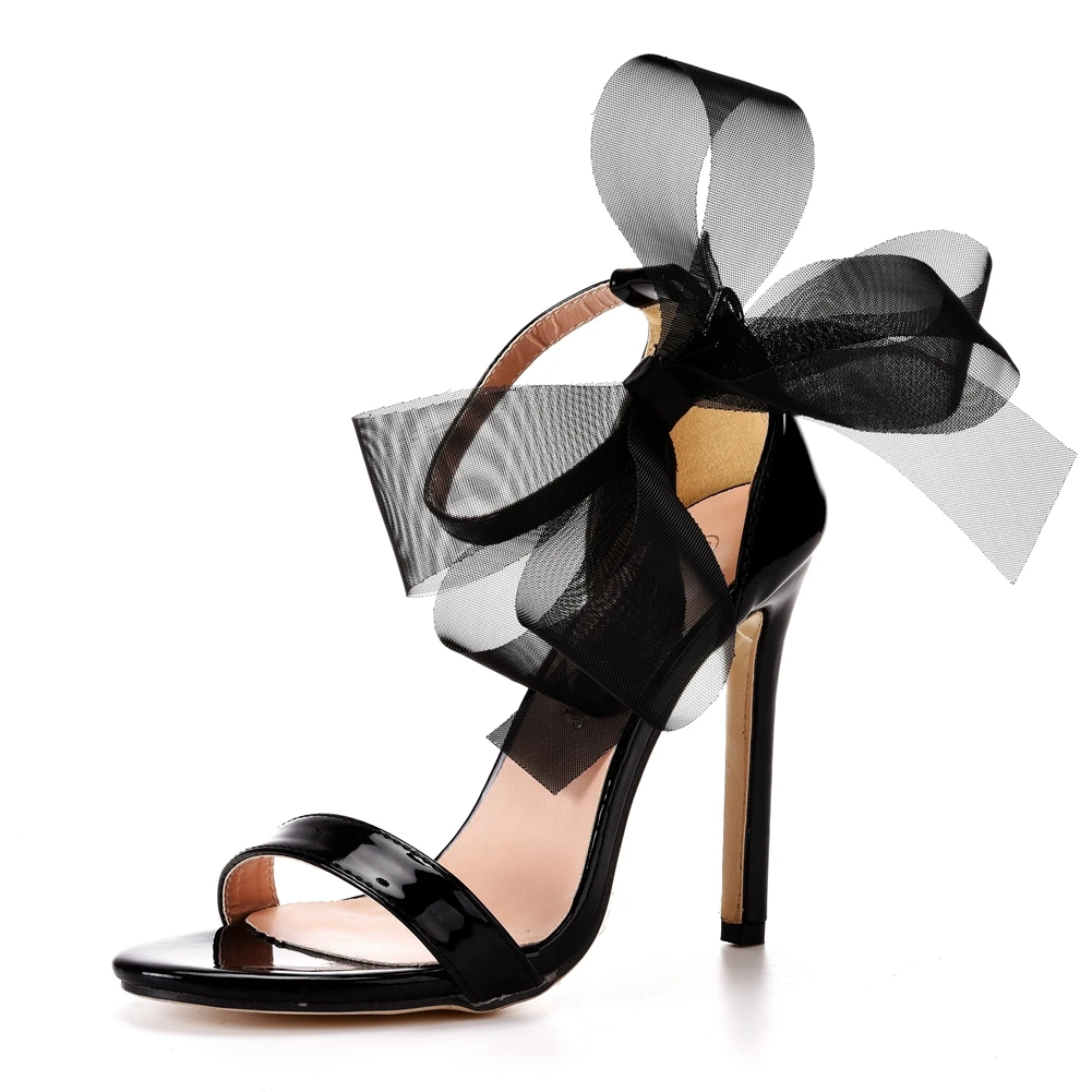 Crystal Queen Woman Sweet Bow Knot Elegant Ankle Strap Party Sandals Black Thin High Heels White Wedding Shoes Open Toe